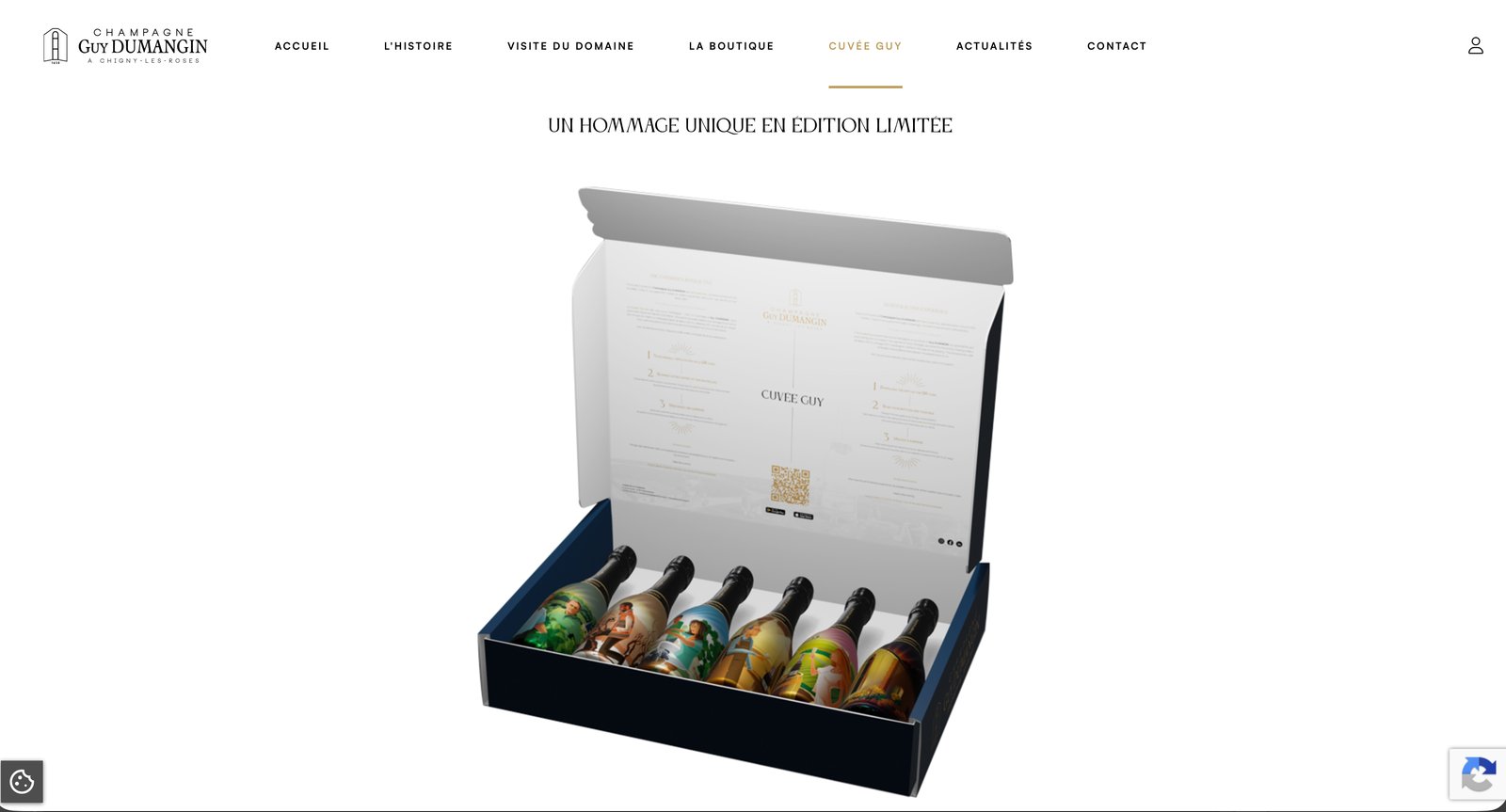 Le coffret de la cuvée Guy et ses six sleeves illustrés, modélisé en 3D pour le teaser et la page produit.